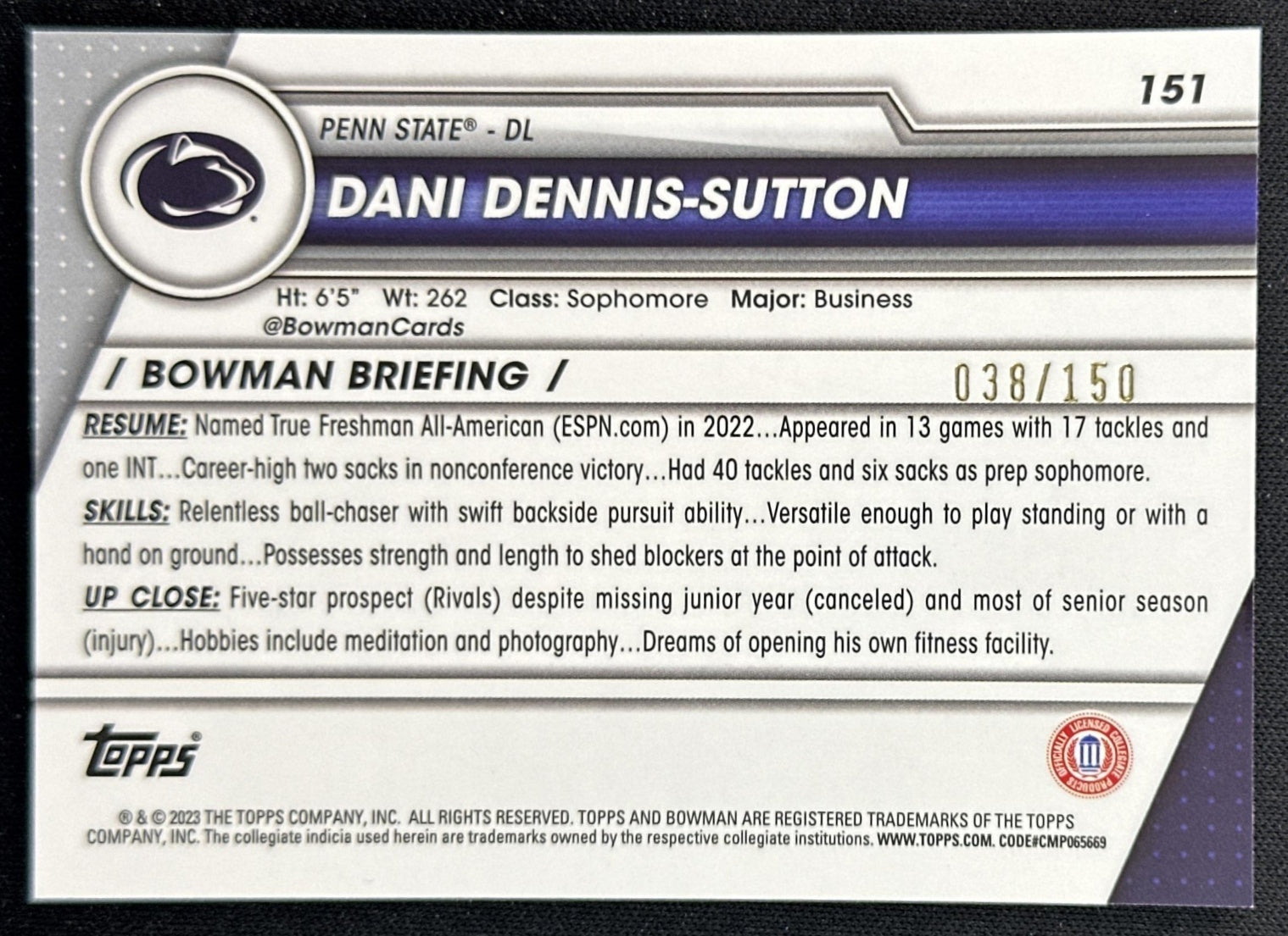 Dani Dennis-Sutton 2023 University Chrome Fuschia Mini Diamond Refractor /150 Nittany Lions back