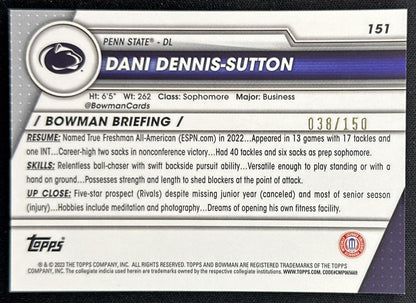 Dani Dennis-Sutton 2023 University Chrome Fuschia Mini Diamond Refractor /150 Nittany Lions back