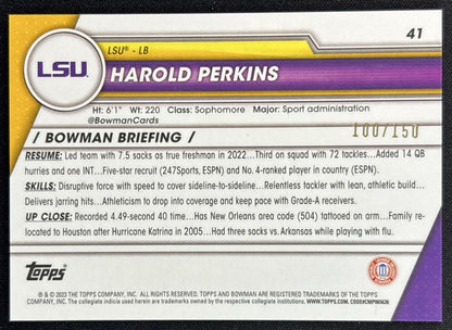Harold Perkins 2023 University Chrome Fuschia Mini Diamond Refractor /150 Tigers Back