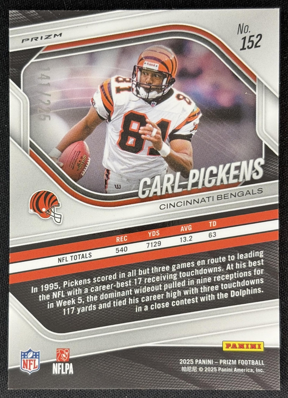 Carl Pickens 2025 Panini Prizm Purple Ice /225 Bengals back