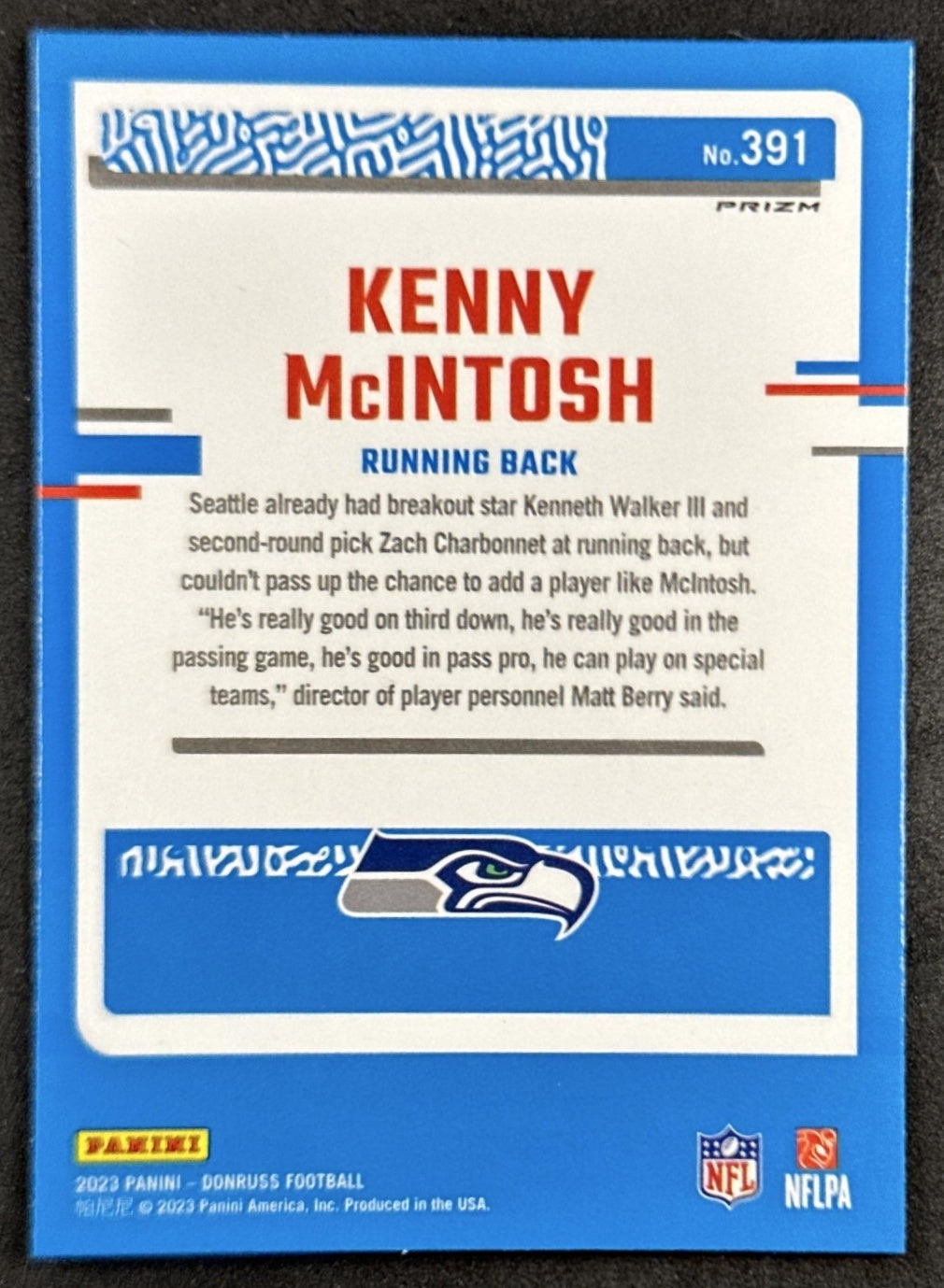 Kenny McIntosh 2023 Panini Donruss Optic Preview Blue Scope Seahawks Back