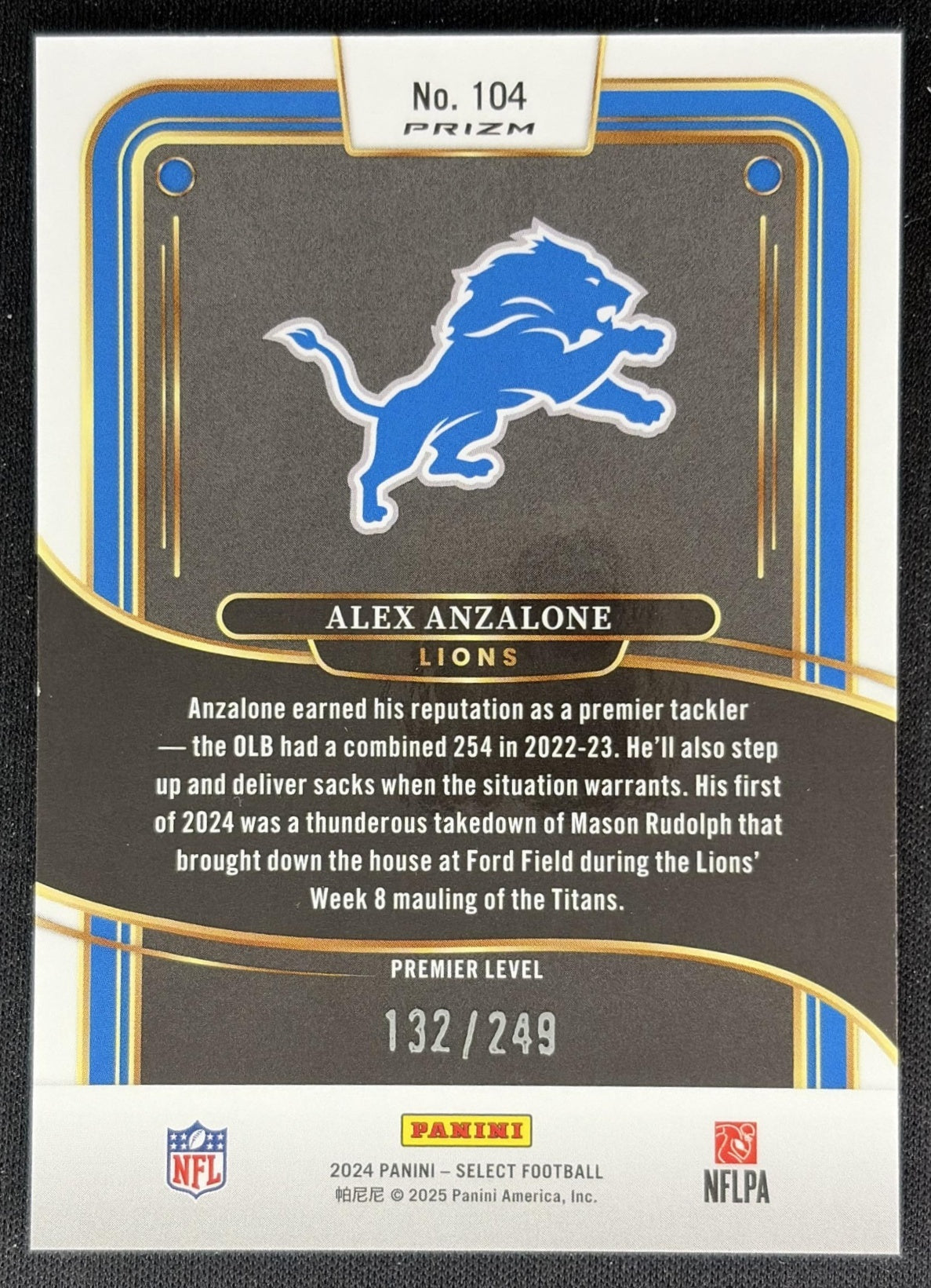 Alex Anzalone 2024 Panini Select Premier Tri-Color Prizm /249 Lions back