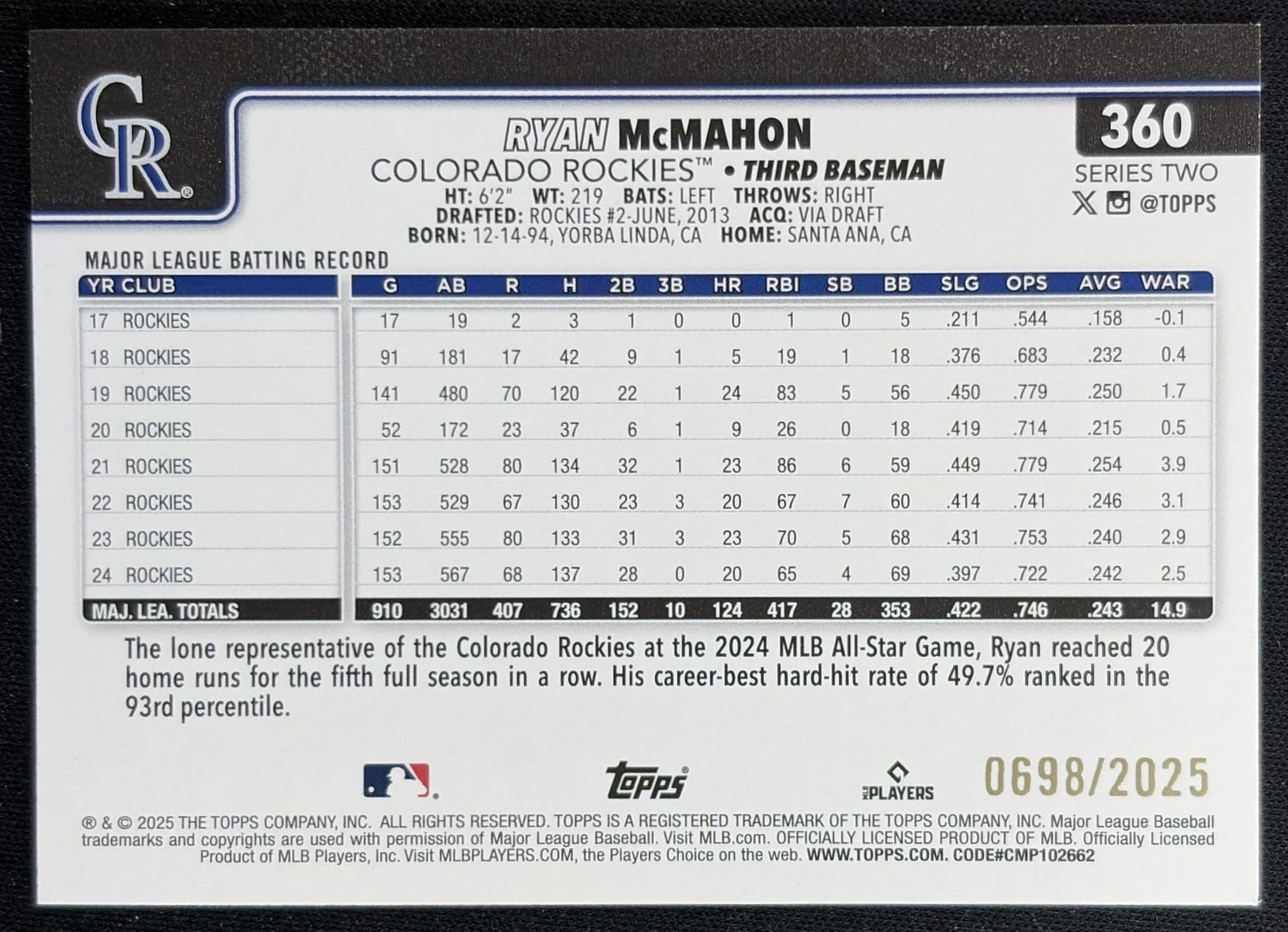 Ryan McMahon 2025 Topps Gold /2025 Rockies back