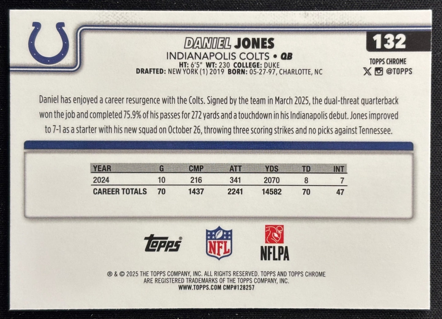 Daniel Jones 2025 Topps Chrome Colts Sports Trading Cards