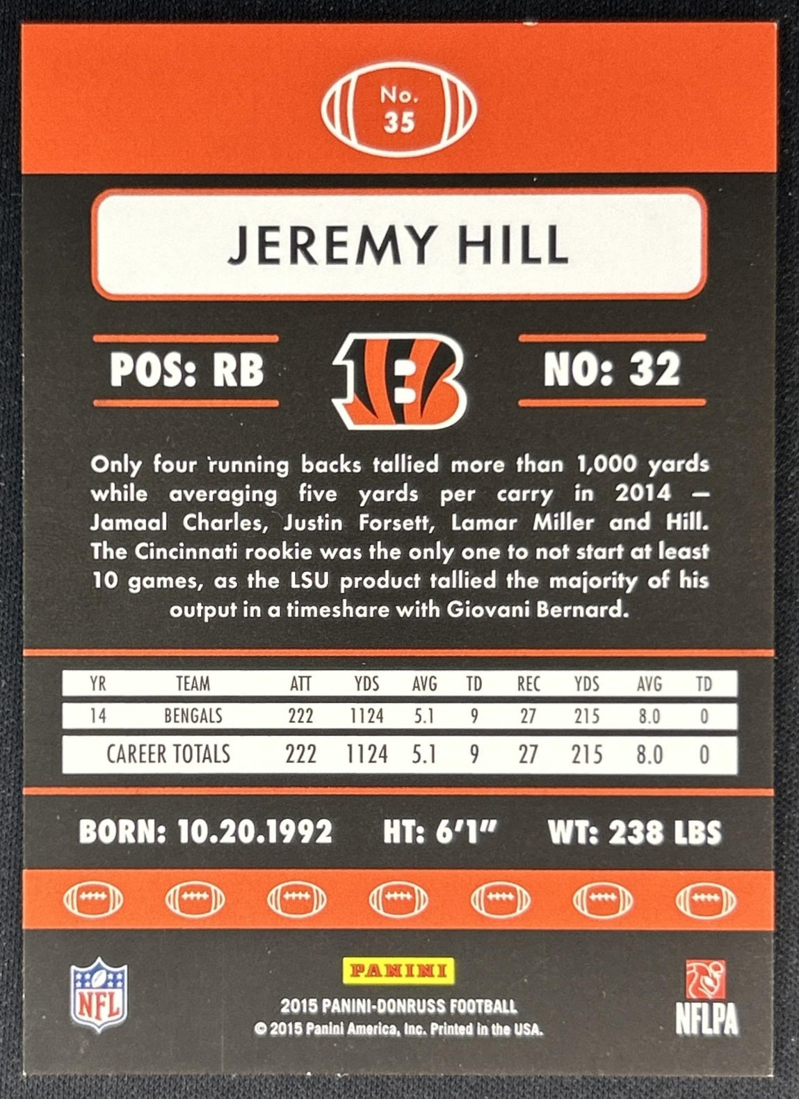 Jeremy Hill 2015 Panini Donruss Press Proof Purple /199 Bengals back