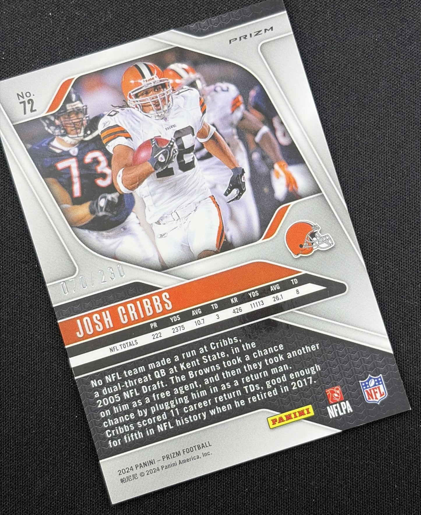 Josh Cribbs 2024 Panini Prizm Blue Wave /230 Browns back