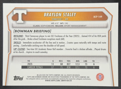 Braylon Staley 2026 Bowman Chrome Prospects Mojo Refractor Volunteers