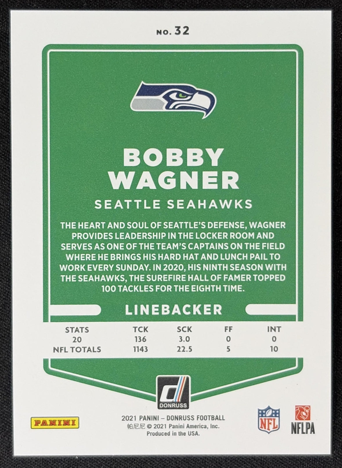 Bobby Wagner 2021 Panini Donruss Press Proof Premium Seahawks - Seattle Seahawks