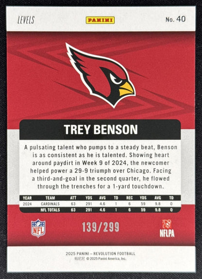 Trey Benson 2025 Panini Revolution Orange Levels /299 Cardinals Sports Trading Card