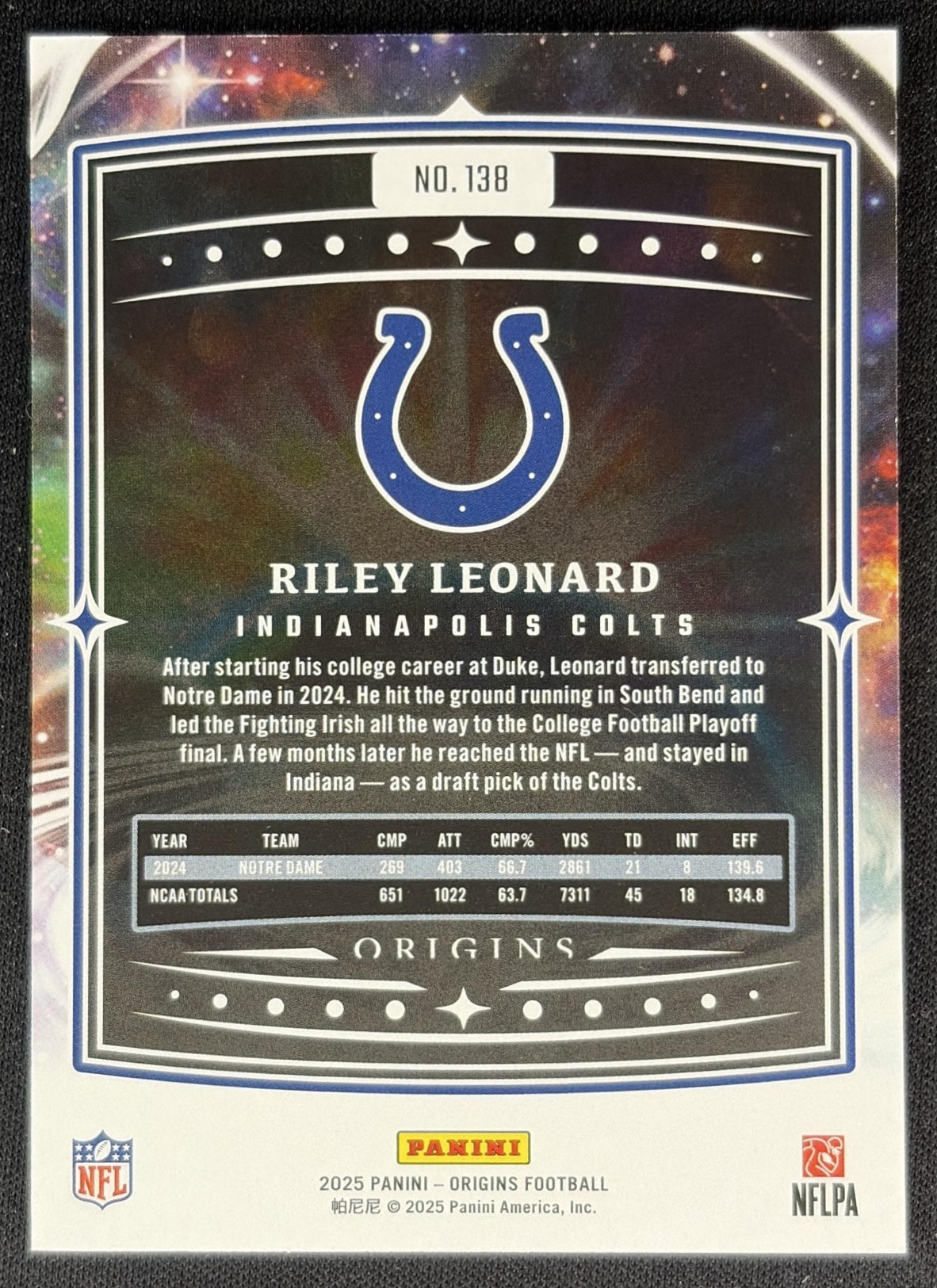 Riley Leonard 2025 Panini Origins Rookie Holo Blue /199 Colts