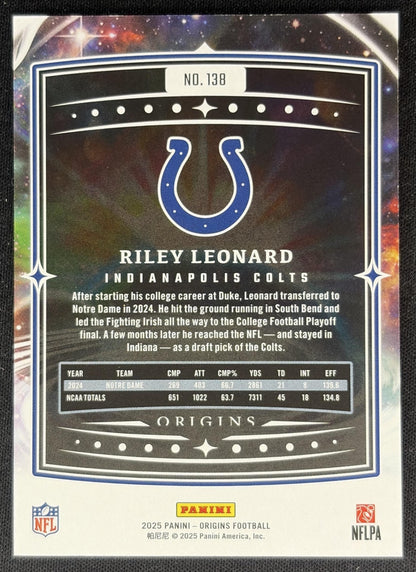 Riley Leonard 2025 Panini Origins Rookie Holo Blue /199 Colts