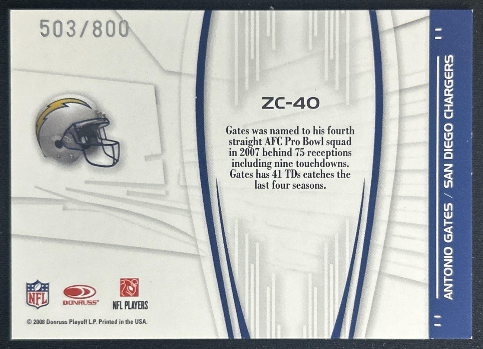 Antonio Gates 2008 Donruss Elite Zoning Commission Gold /800 Chargers back