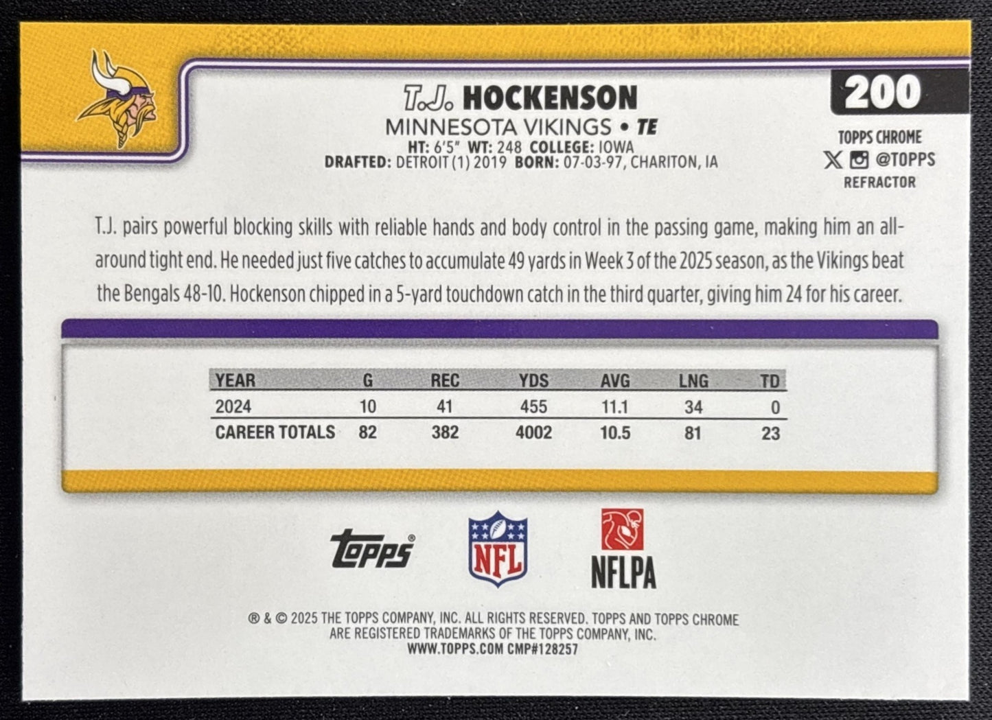 T.J. Hockenson 2025 Topps Chrome Refractor Vikings Sports Trading Cards