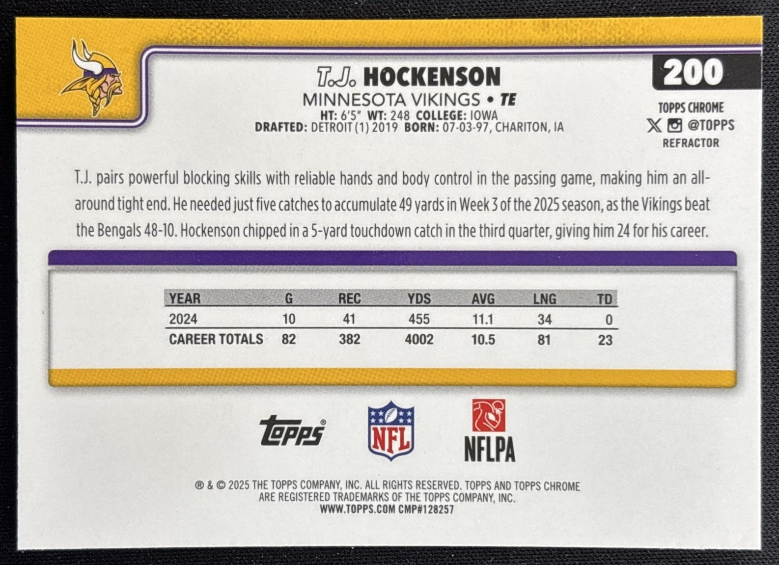 T.J. Hockenson 2025 Topps Chrome Refractor Vikings Sports Trading Cards