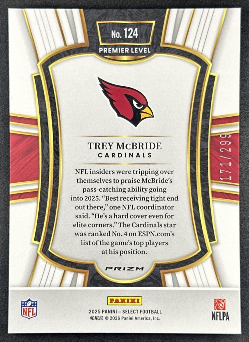 Trey McBride 2025 Panini Select Premier Level Tri-Color Prizm /299 Cardinals back