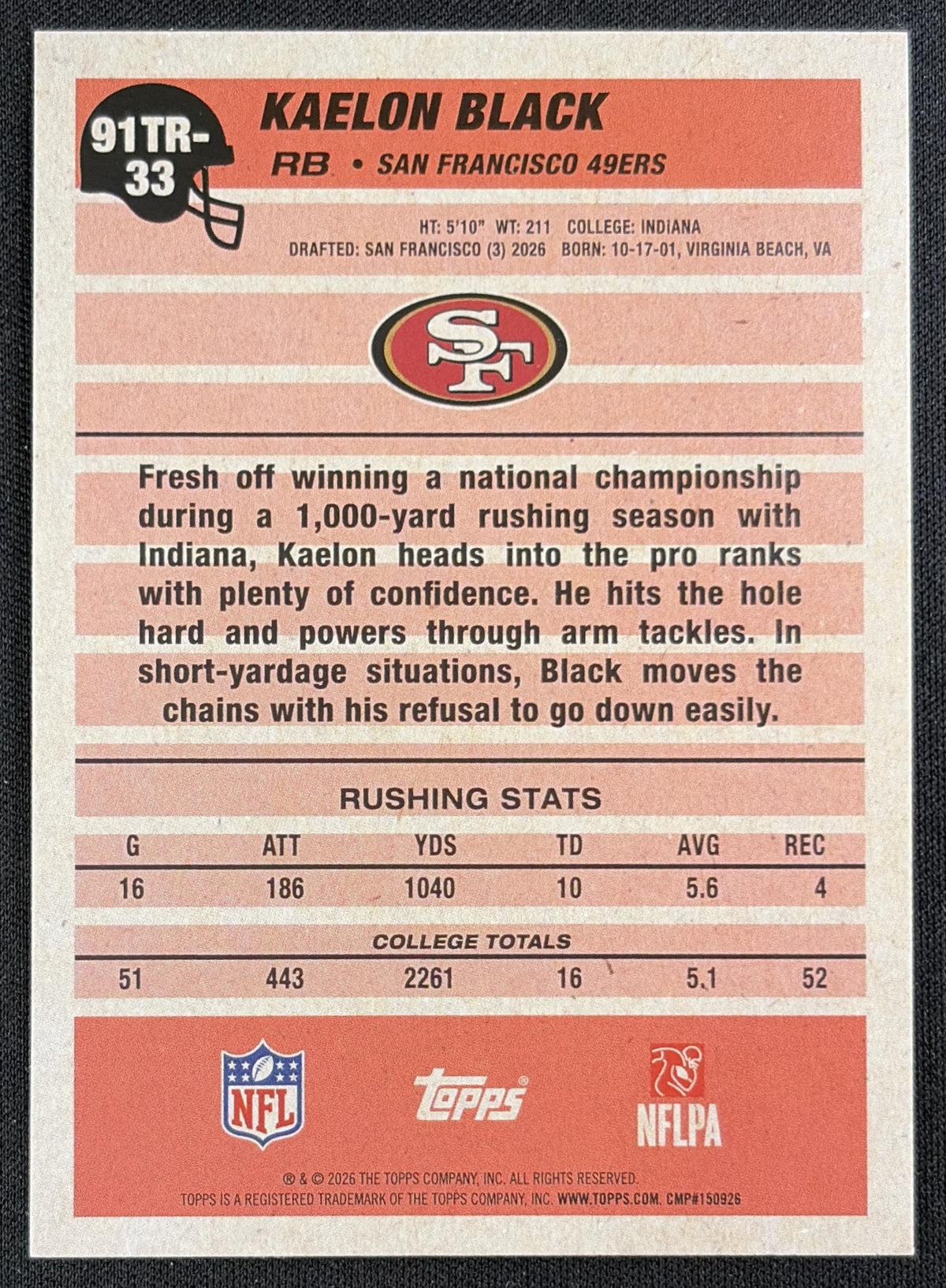 Kaelon Black 2026 Topps 1991 Rookie Crackle Foil 49ers back
