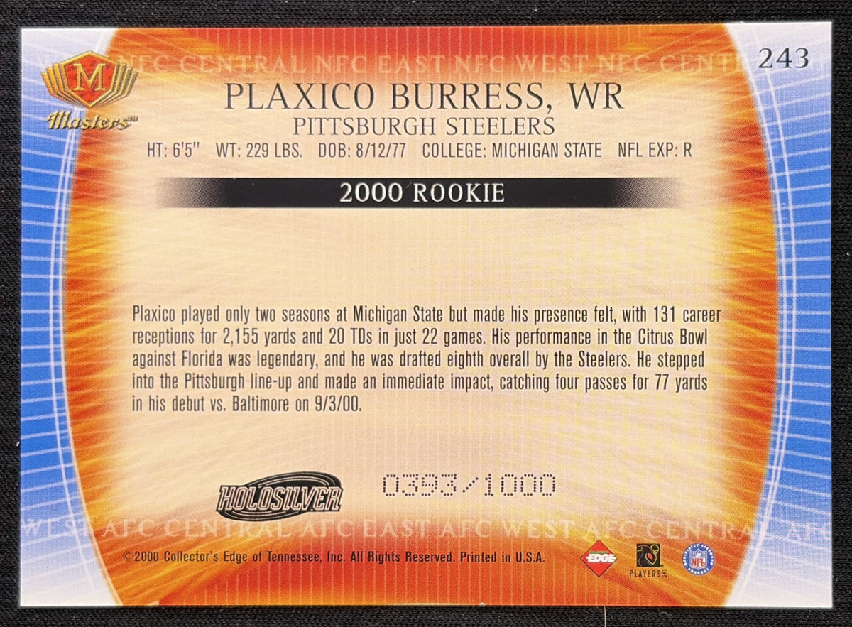 Plaxico Burress 2000 Collector's Edge Masters HoloSilver /1000 Steelers Sports Trading Card