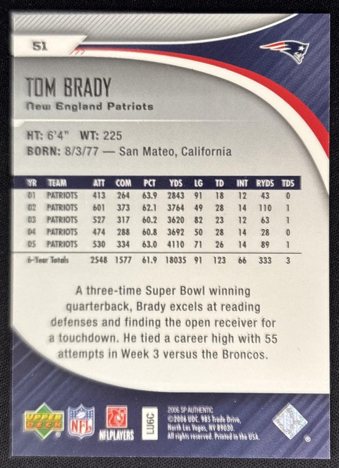 Tom Brady 2006 SP Authentic Patriots Sports Trading Cards