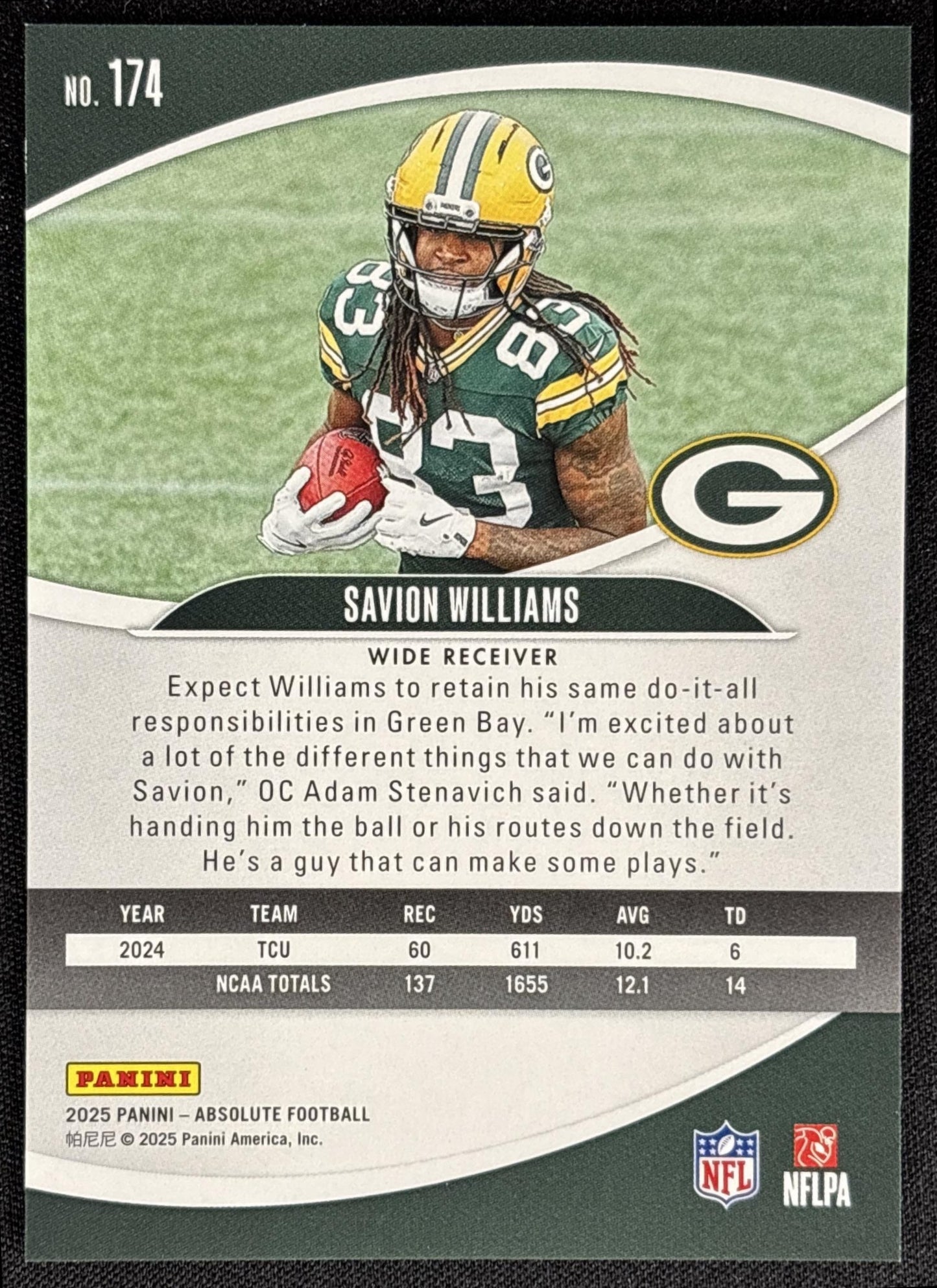 Savion Williams 2025 Panini Absolute Rookies Gold Stars /325 Packers