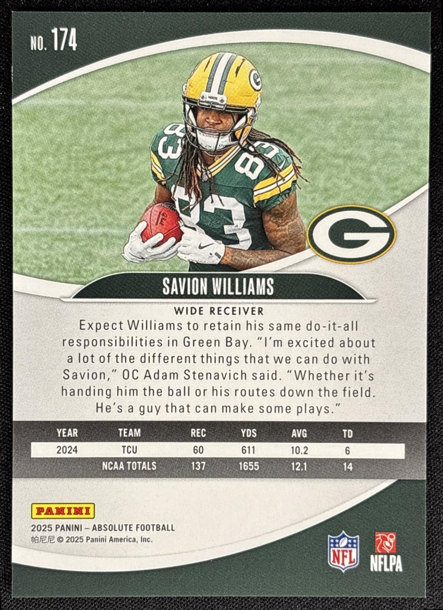 Savion Williams 2025 Panini Absolute Rookies Gold Stars /325 Packers
