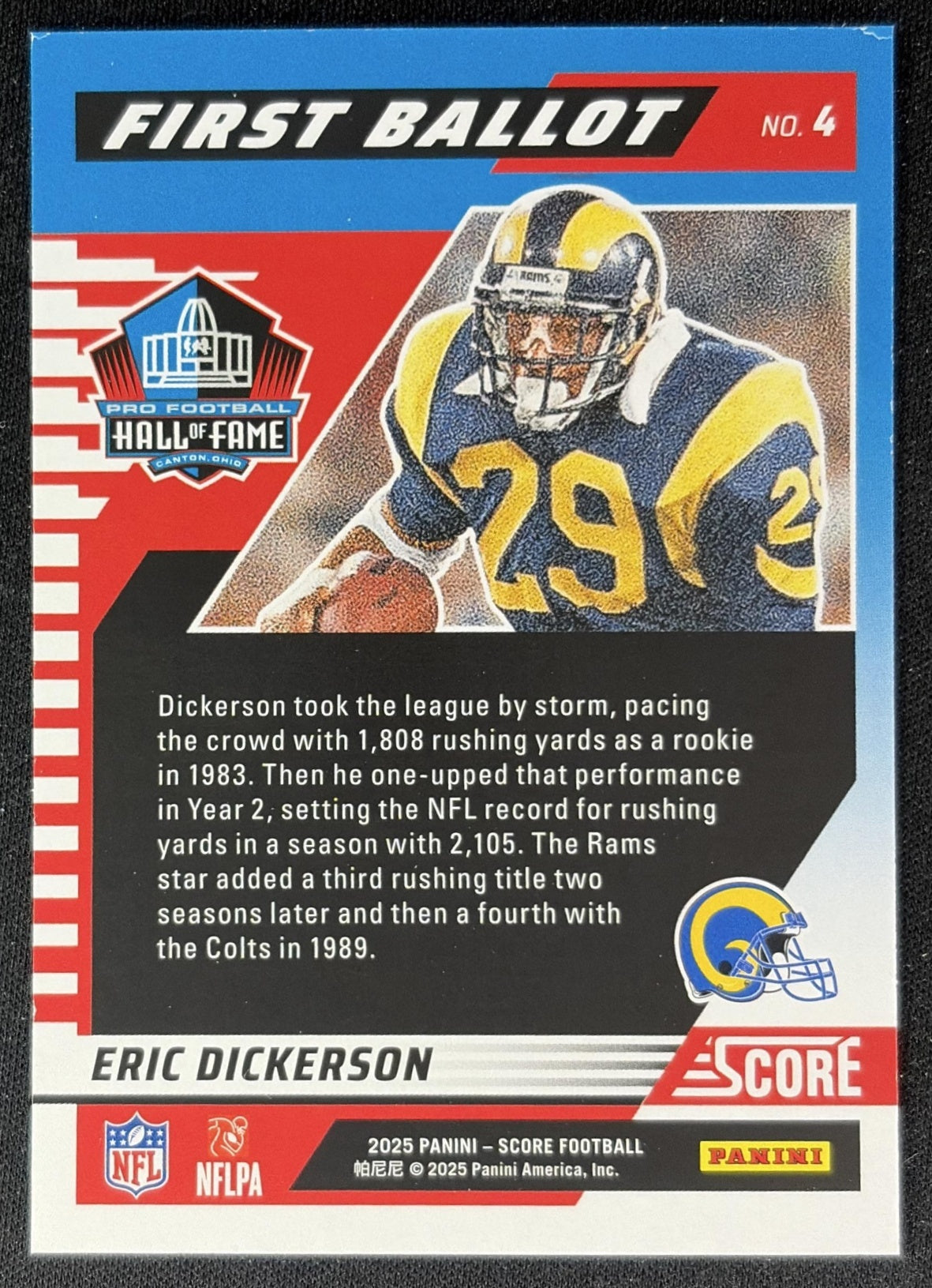 Eric Dickerson 2025 Panini Score First Ballot Rams Back