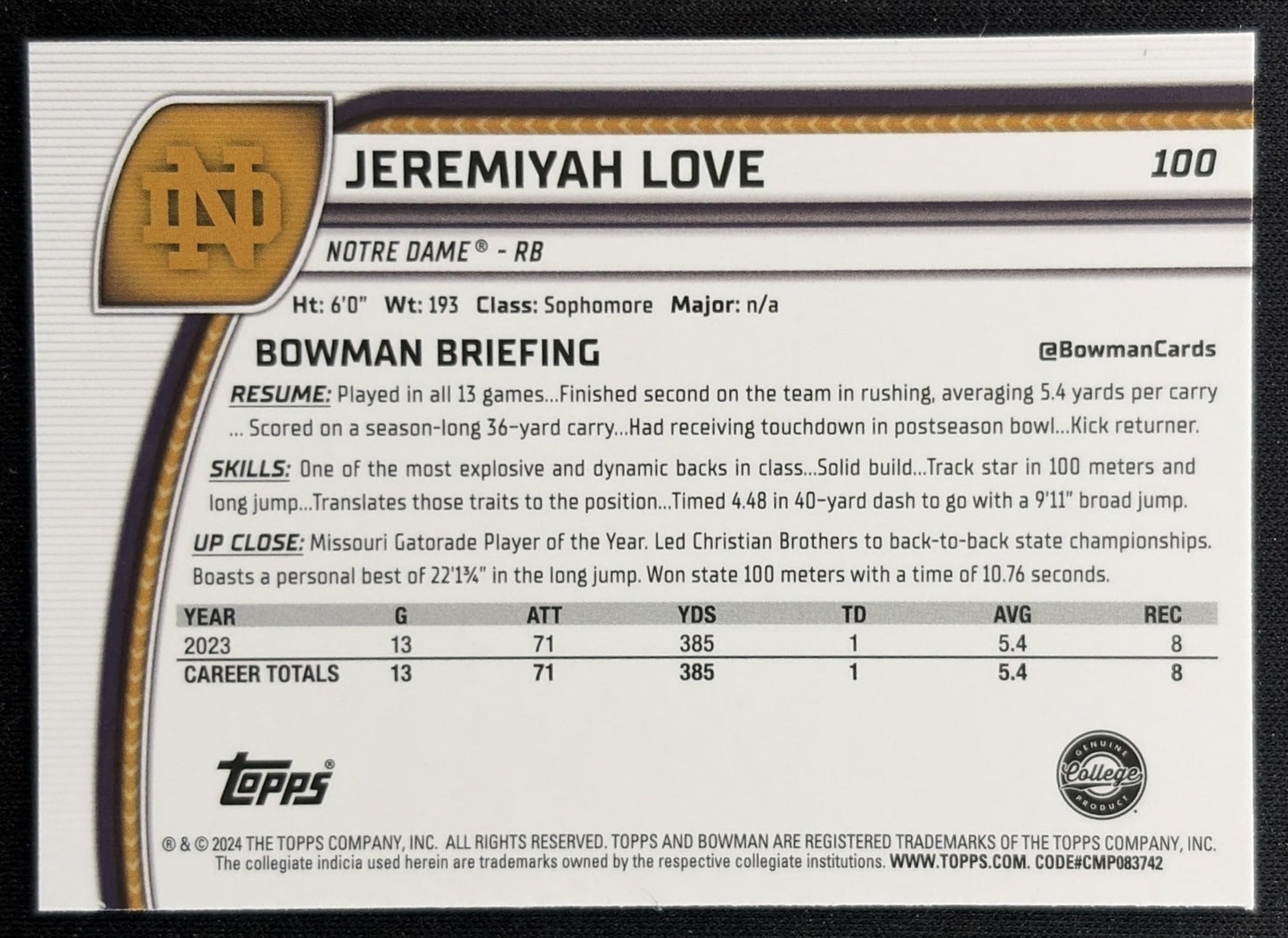 Jeremiyah Love 2024 Bowman Chrome University Fighting Irish back