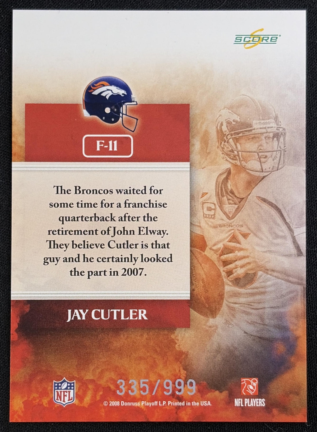 Jay Cutler 2008 Score Select Franchise /999 Bears - back