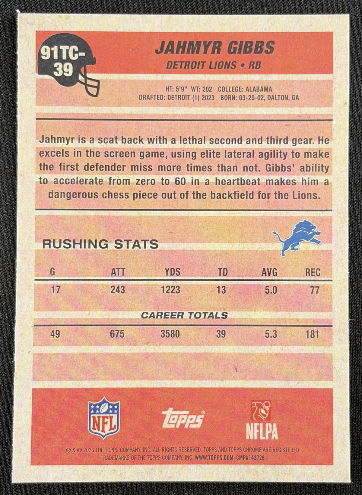 Jahmyr Gibbs 2026 Topps 1991 Chrome Mojo Refractor Lions back