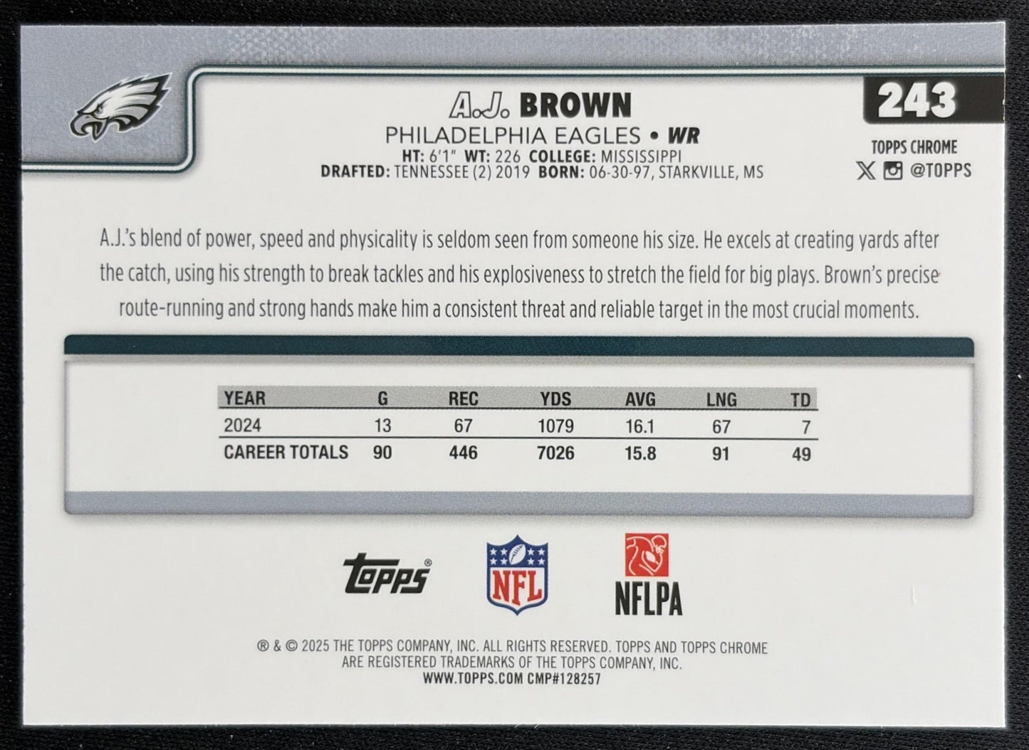 A.J. Brown 2025 Topps Chrome RayWave Refractor Eagles back