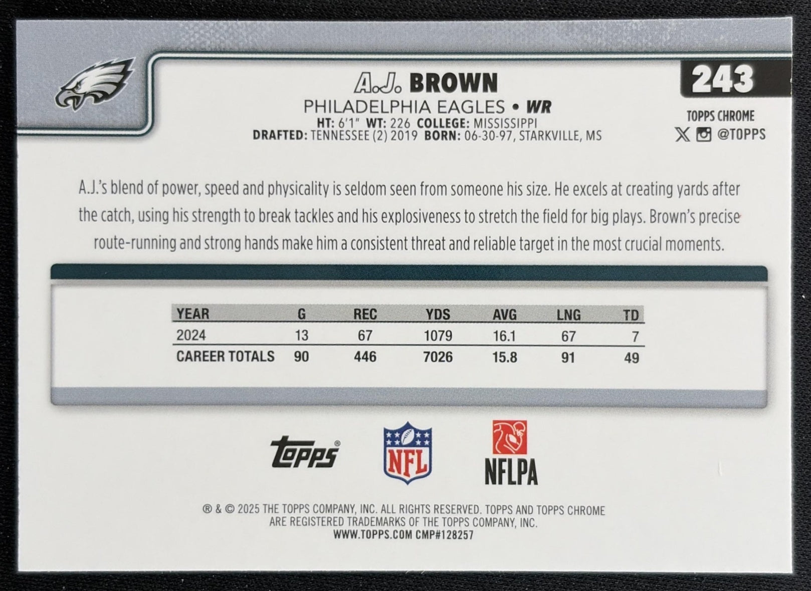 A.J. Brown 2025 Topps Chrome RayWave Refractor Eagles back