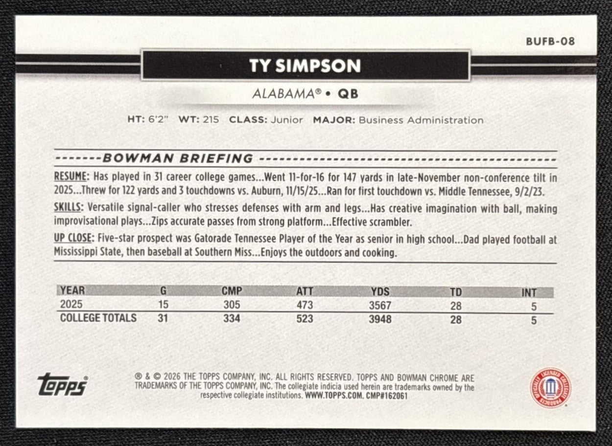 Ty Simpson 2026 Topps NSCC Collection Bowman U Chrome Auto Sports Trading Cards
