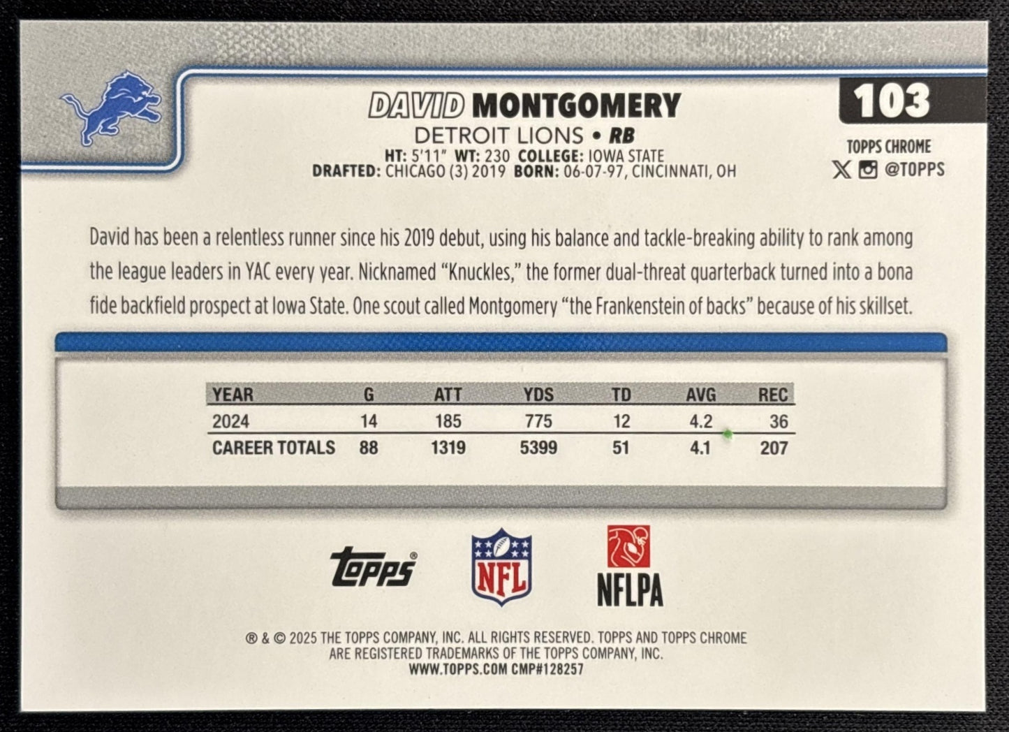 David Montgomery 2025 Topps Chrome Sapphire Gold Refractor /50 Lions back