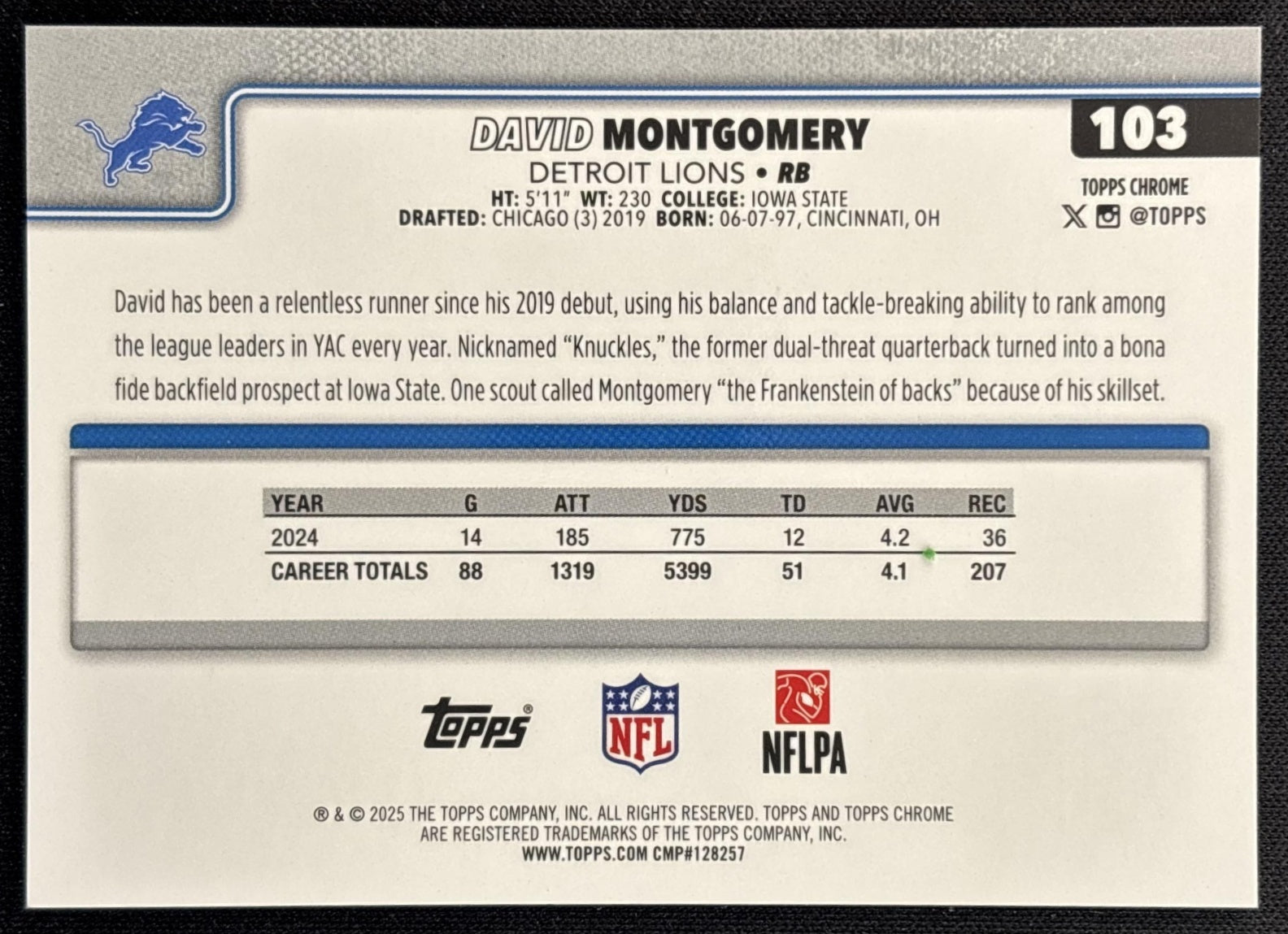 David Montgomery 2025 Topps Chrome Sapphire Gold Refractor /50 Lions back