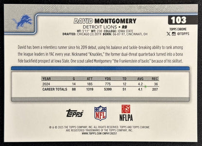 David Montgomery 2025 Topps Chrome Sapphire Gold Refractor /50 Lions back