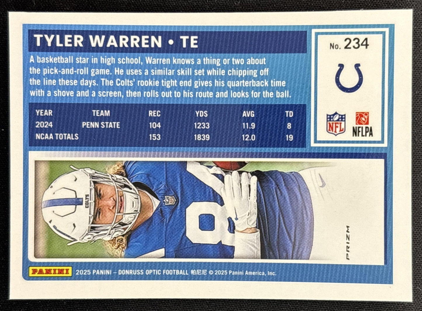 Tyler Warren 2025 Panini Donruss Optic Rated Rookie Pink Prizm Colts Back