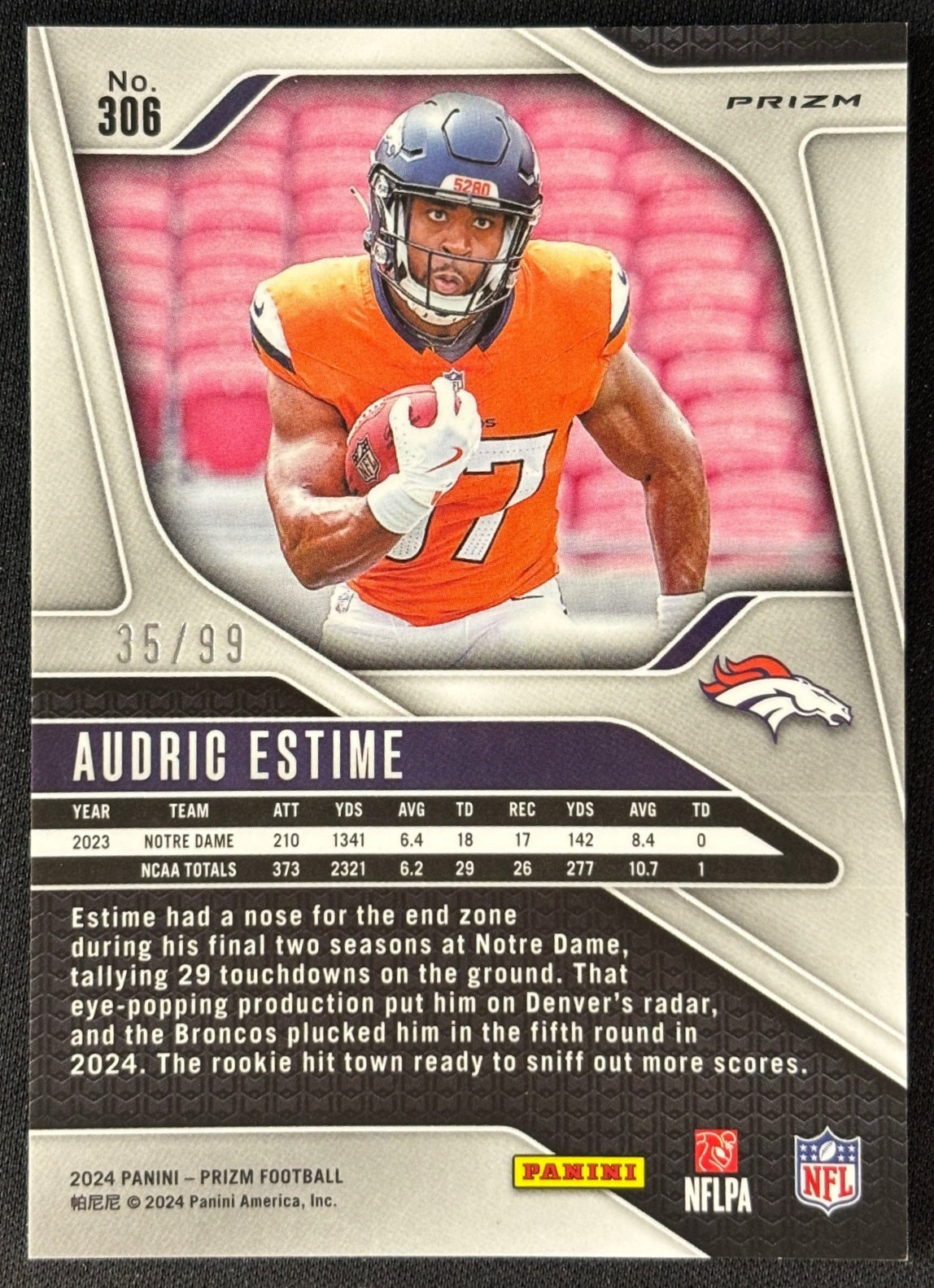 Back of Audric Estime 2024 Prizm Purple Wave /99 Broncos sports trading card