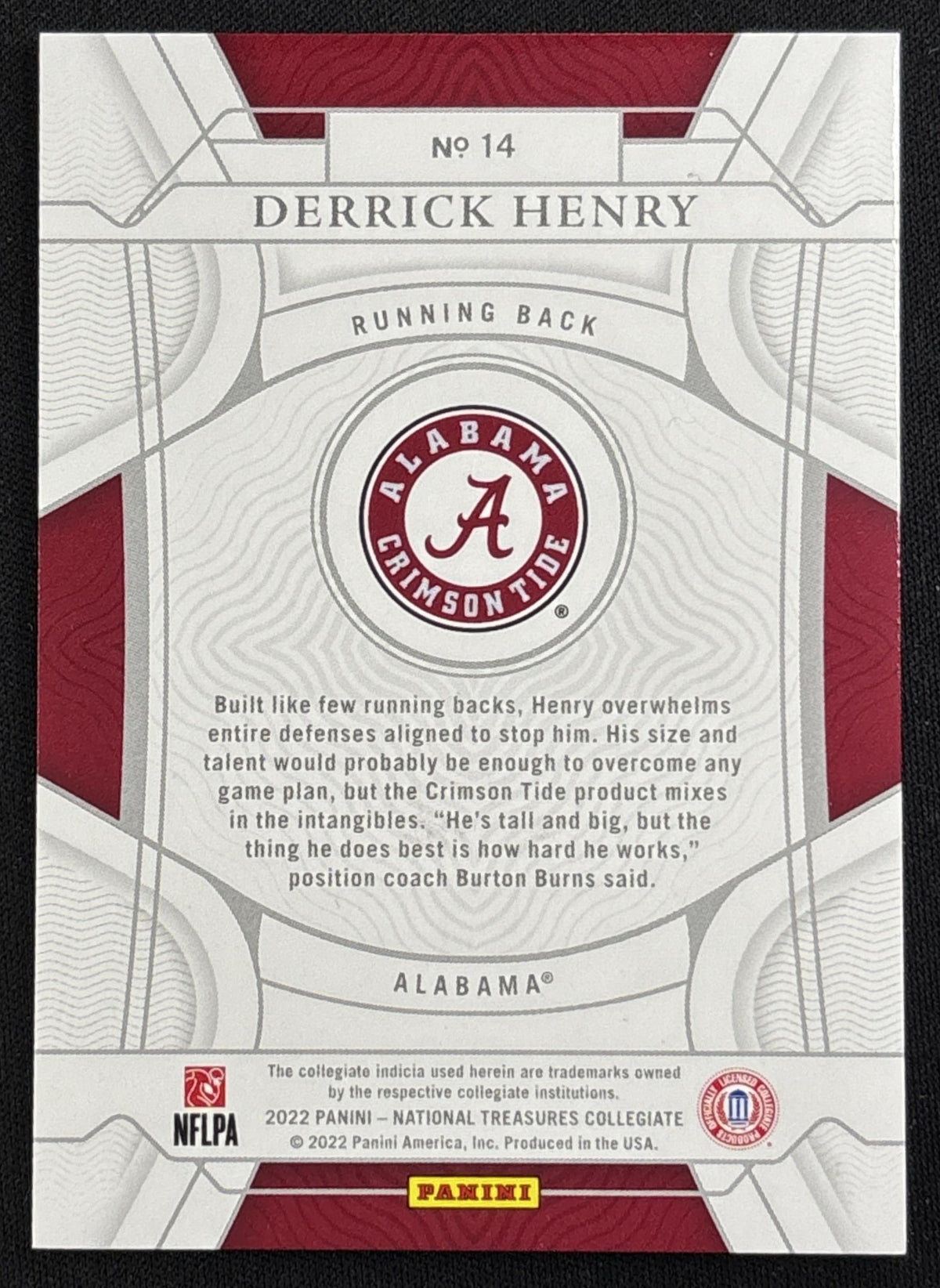 Derrick Henry 2022 Panini National Treasures Collegiate Blue /75 Crimson Tide Ravens Titans Sports Trading Card