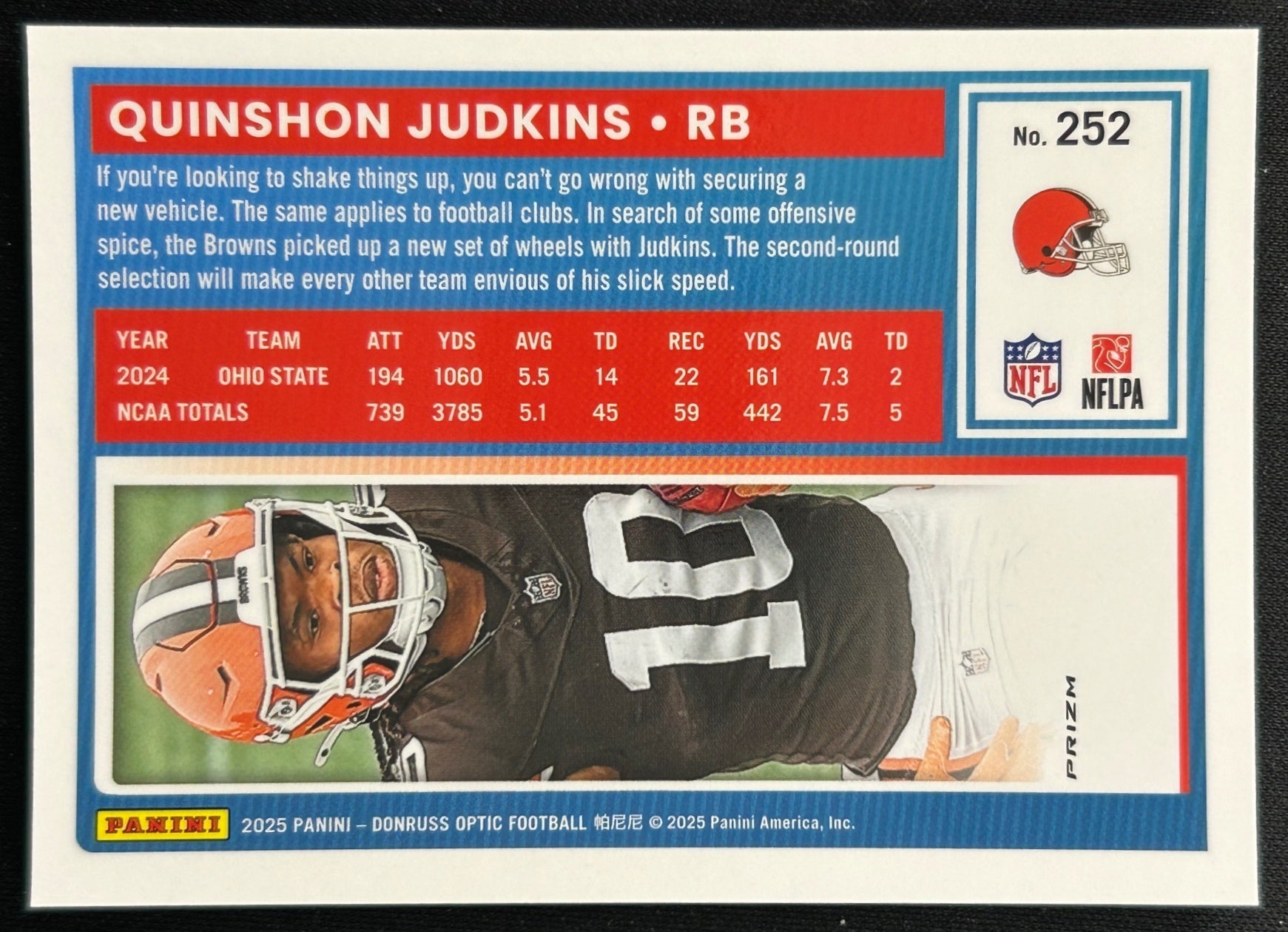 Quinshon Judkins 2025 Donruss Optic Rated Rookie Blue Hyper Prizm Browns Sports Trading Cards