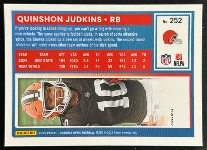 Quinshon Judkins 2025 Donruss Optic Rated Rookie Blue Hyper Prizm Browns Sports Trading Cards
