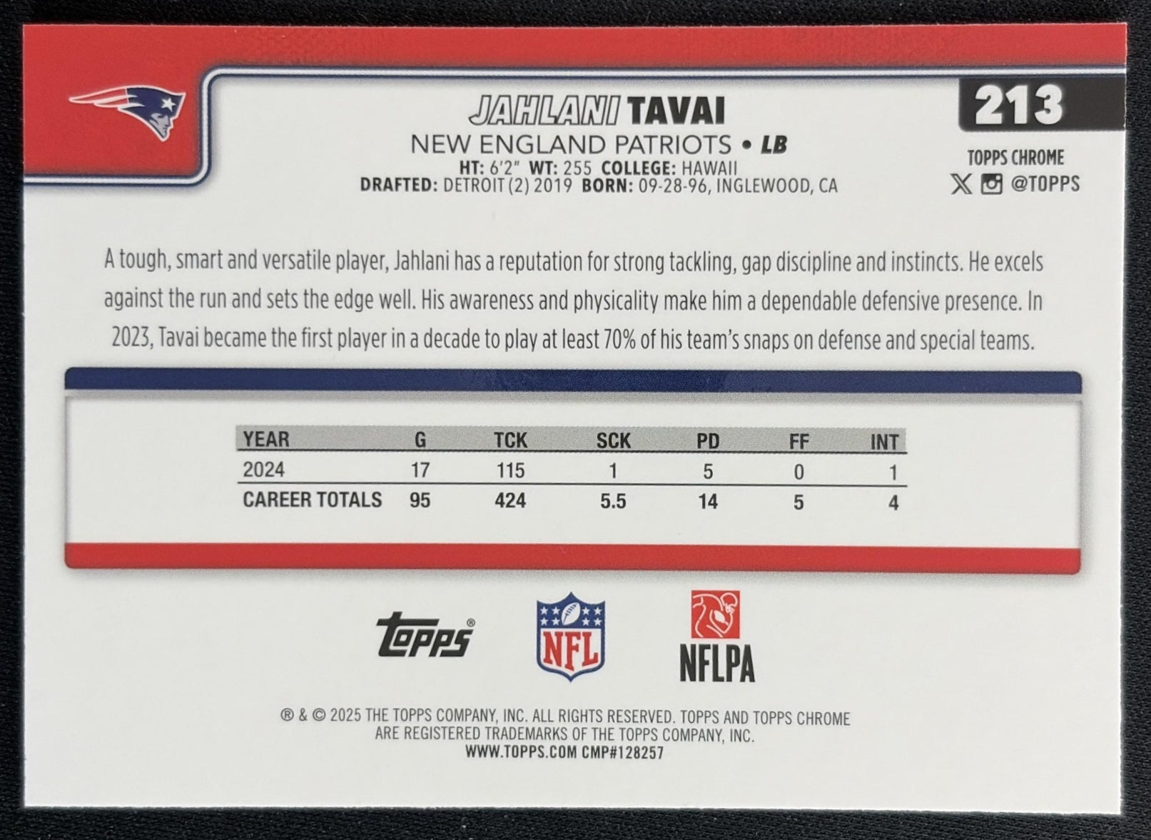 Jahlani Tavai 2025 Topps Chrome Purple Lava Refractor /75 Patriots back