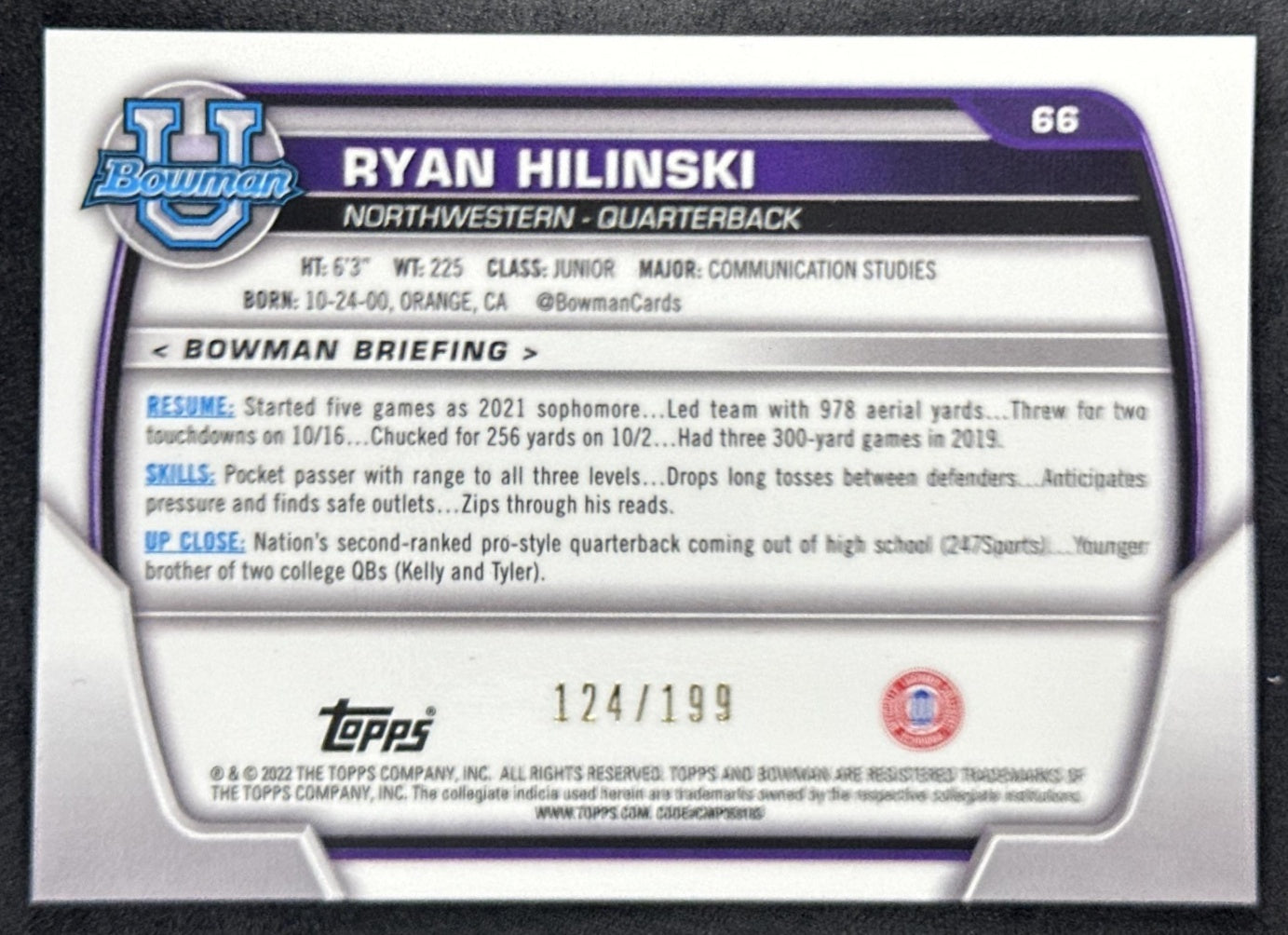 Ryan Hilinski 2022 Bowman University Chrome Blue RayWave Refractor /199 Sports Trading Card