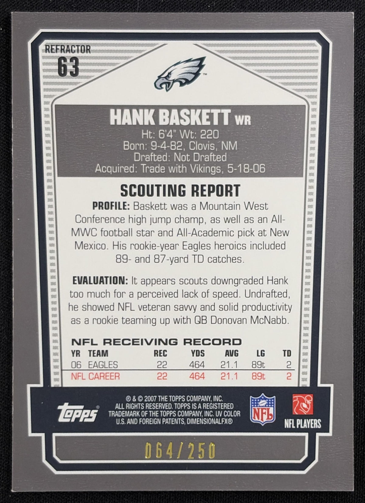 Hank Baskett 2007 Topps Draft Picks & Prospects Chrome Bronze Refractor /250 Eagles