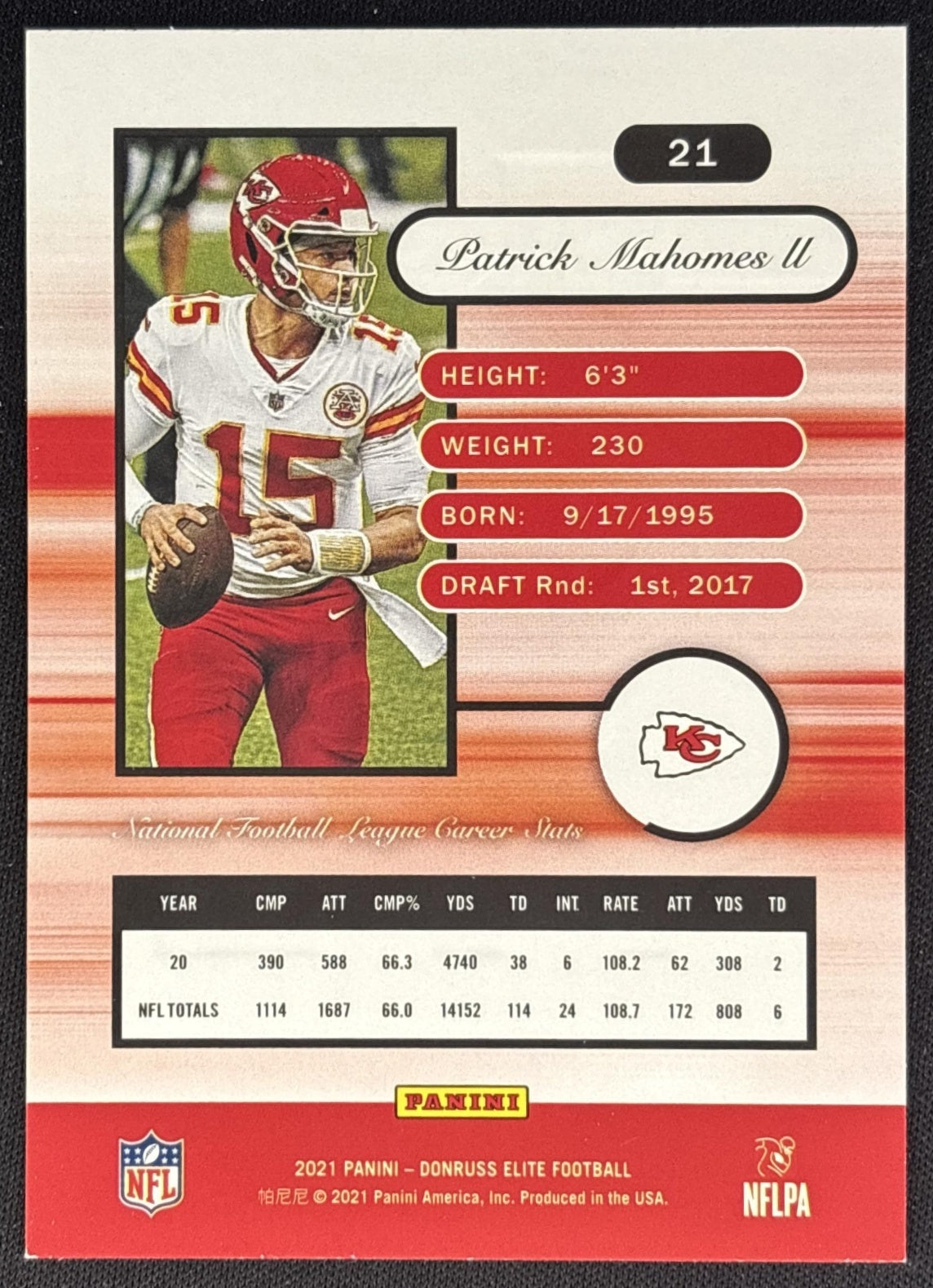 Patrick Mahomes II 2021 Panini Donruss Elite 2001 Chiefs back