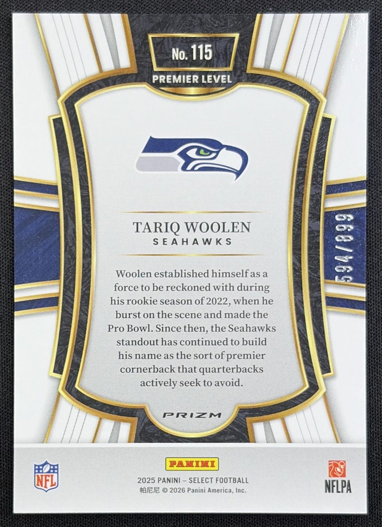 Tariq Woolen 2025 Panini Select Premier Level Copper Prizm Shock /899 Seahawks