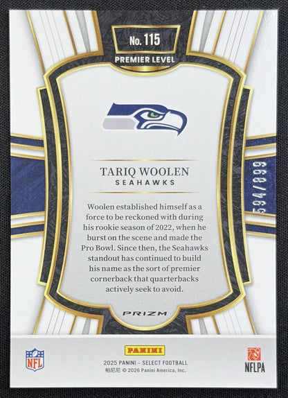 Tariq Woolen 2025 Panini Select Premier Level Copper Prizm Shock /899 Seahawks