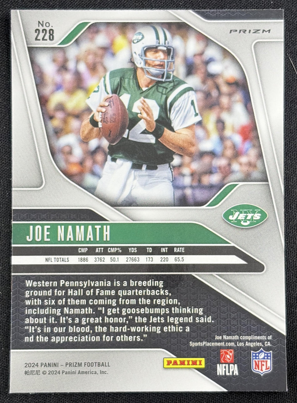 Joe Namath 2024 Panini Prizm Green Jets Sports Trading Card