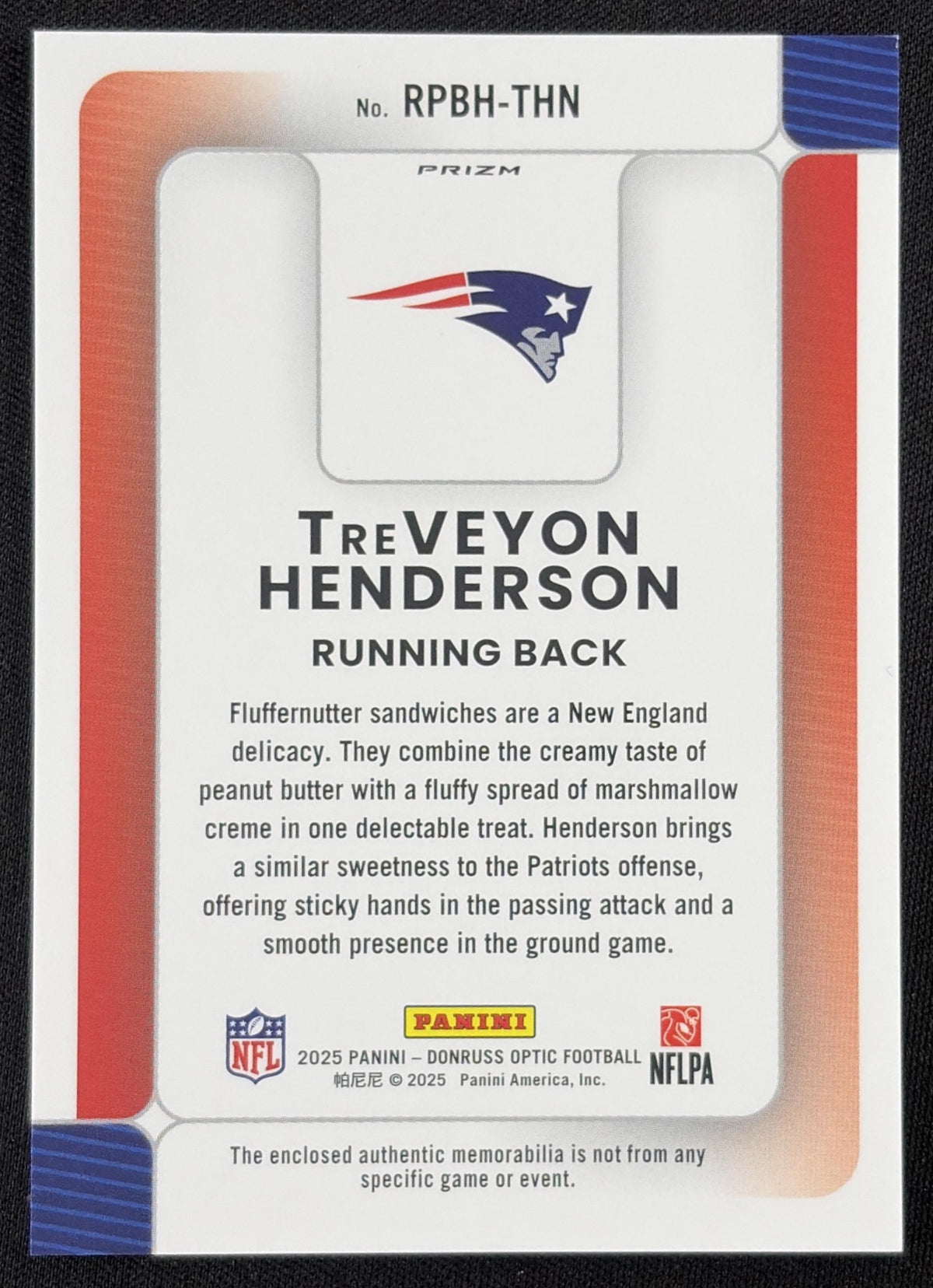TreVeyon Henderson 2025 Panini Donruss Optic Rookie Phenoms Blue Hyper Prizm Patriots