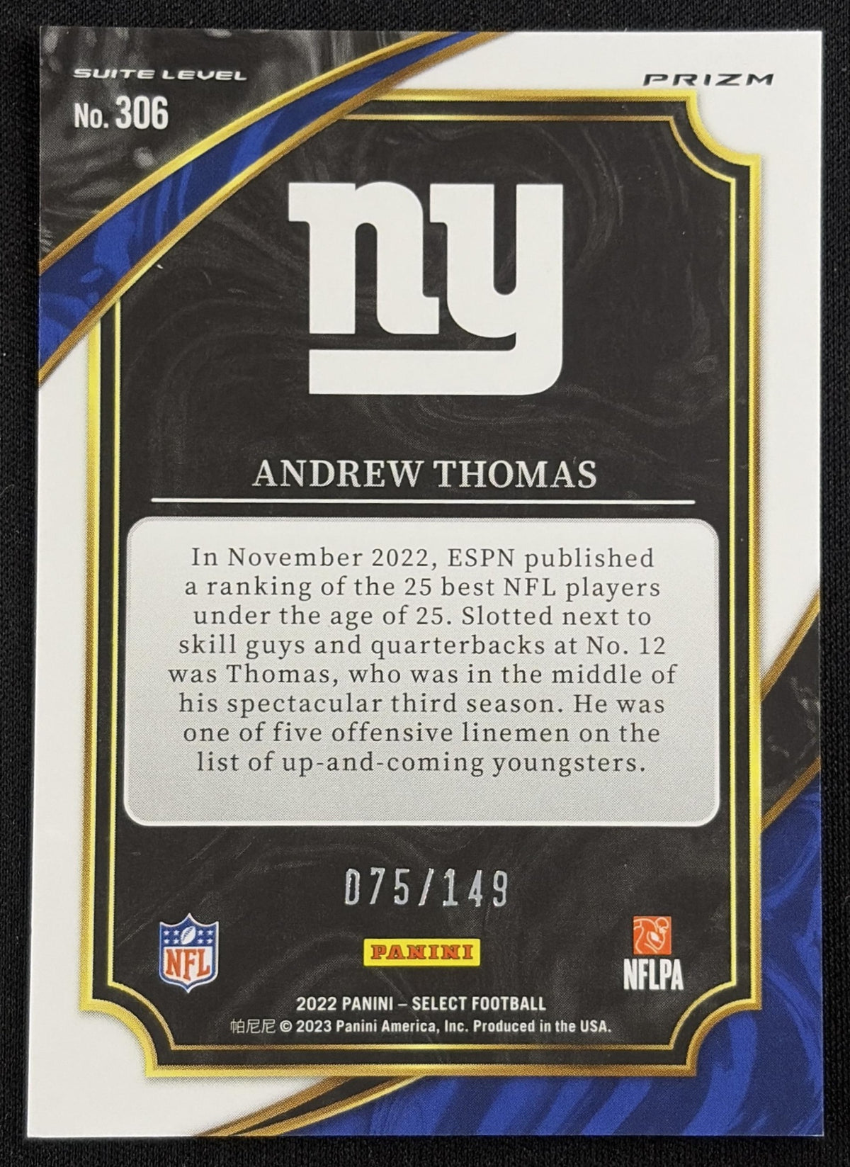 Andrew Thomas 2022 Panini Select Tri Color Prizm /149 Giants Sports Trading Card
