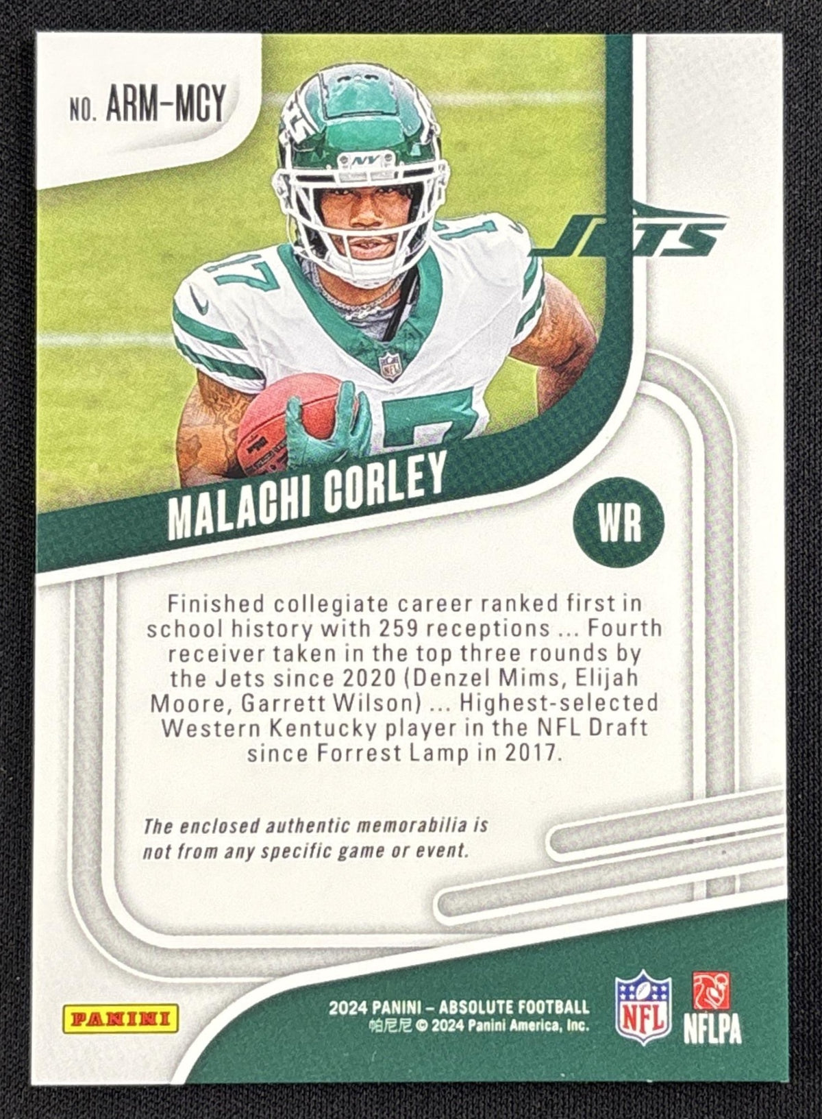 Malachi Corley 2024 Panini Absolute Rookie Materials Jets
