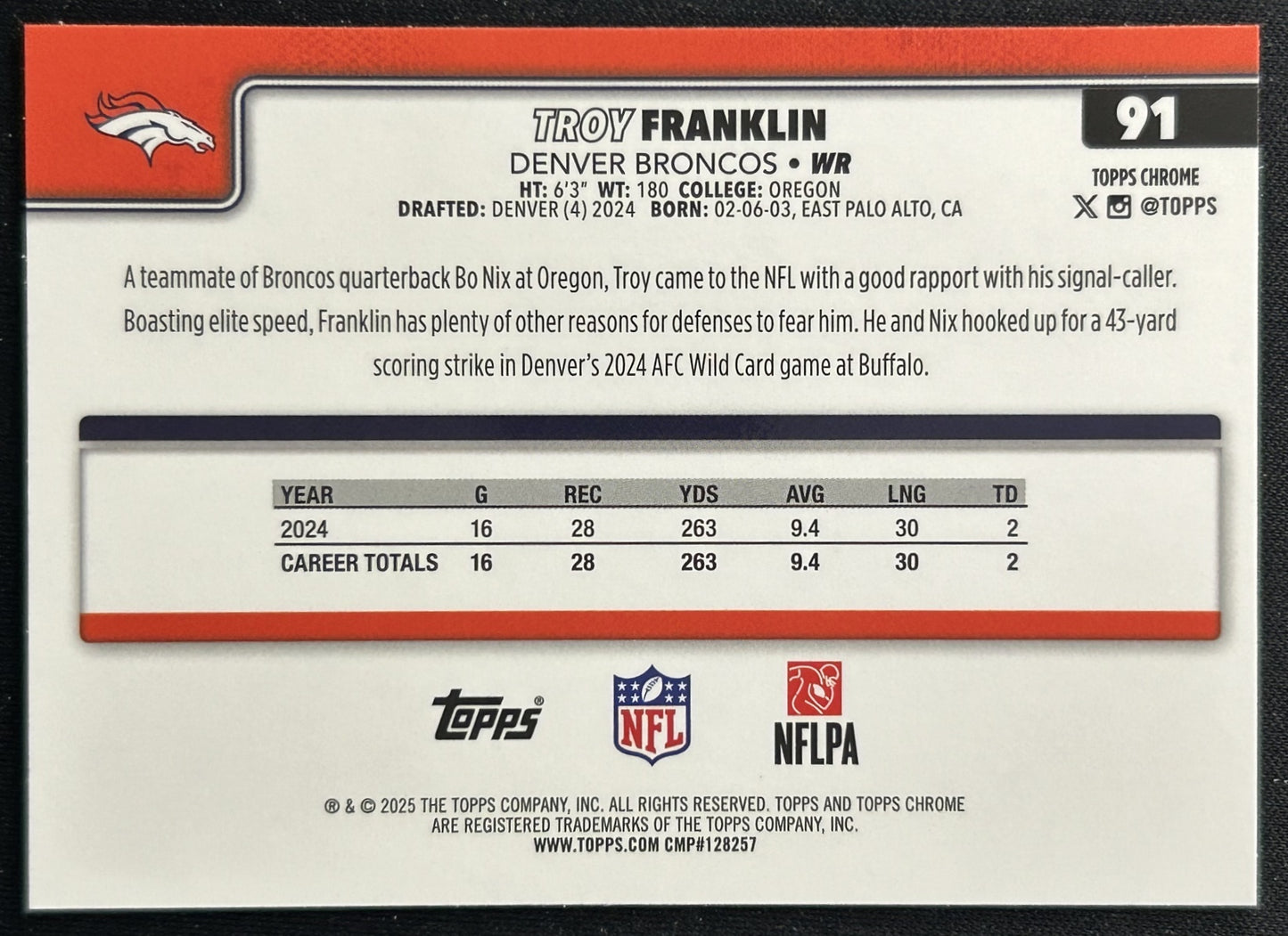 Troy Franklin 2025 Topps Chrome Broncos